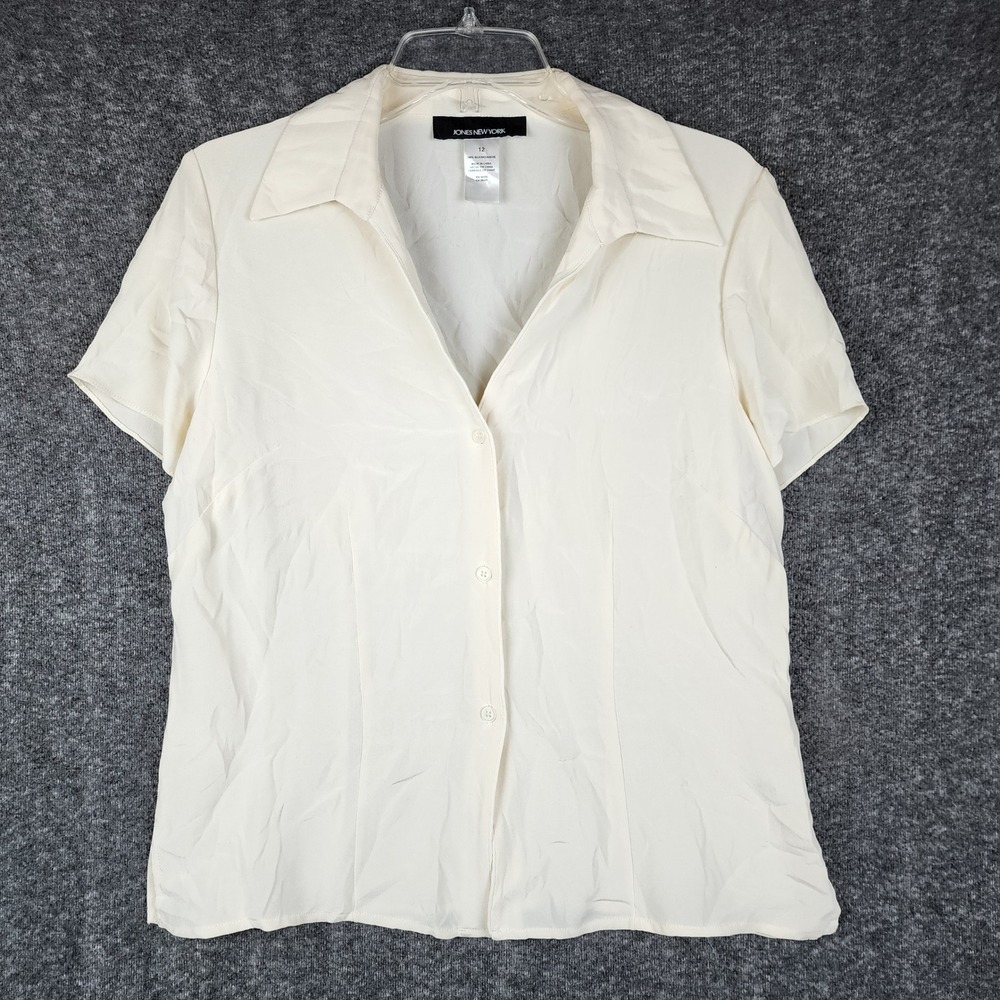 Jones New York Blouse Women 12 Cream 100% Silk Short Sleeve Button Up Solid